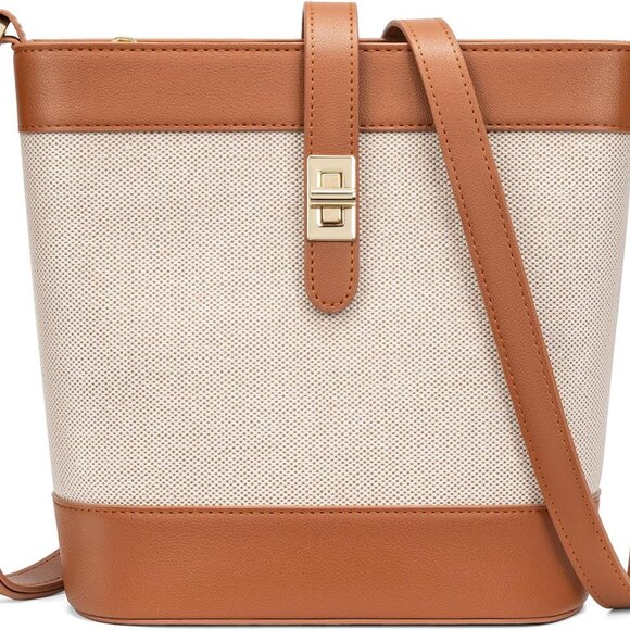 Brown trendy vegan leather small crossbody bucket bag with adjustable strap and - Picture 1 of 6